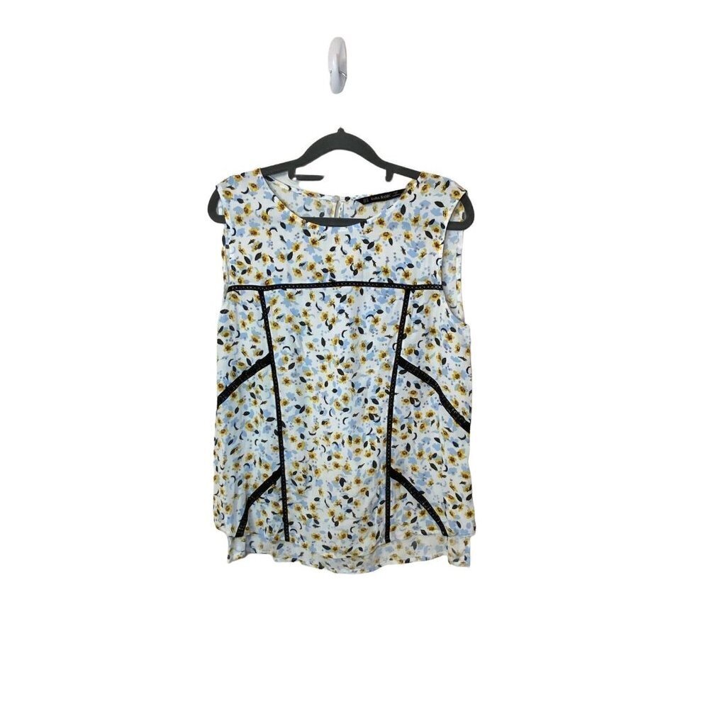 Zara Basic Lace Insert Floral Top Yellow Blue Black Sleeveless Medium